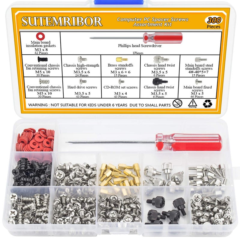 Sutemribor مجموعة مسامير تثبيت الكمبيوتر الشخصي Sutemribor 300PCS مع مفك براغي لحالة القرص الصلب واللوحة الأم والمروحة والطاقة والرسومات - Image 1